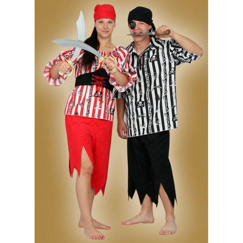 Karnevalový kostým PIRÁTKA - kalhoty, horní díl, pásek, šátek -  nyní horní díl z náhradního materiálu červenobílý proužek