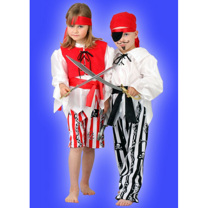 Karnevalový kostým PIRÁTKA - kalhoty, horní díl, vesta, pásek čelenka- nyní kalhoty z náhradního materiálu červenobílý proužek